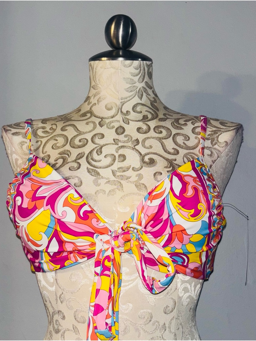 🆕 Carmen Marc Valvo Bright Psychedelic Paisley Tie-Front Bikini Top.1960s/70s-in